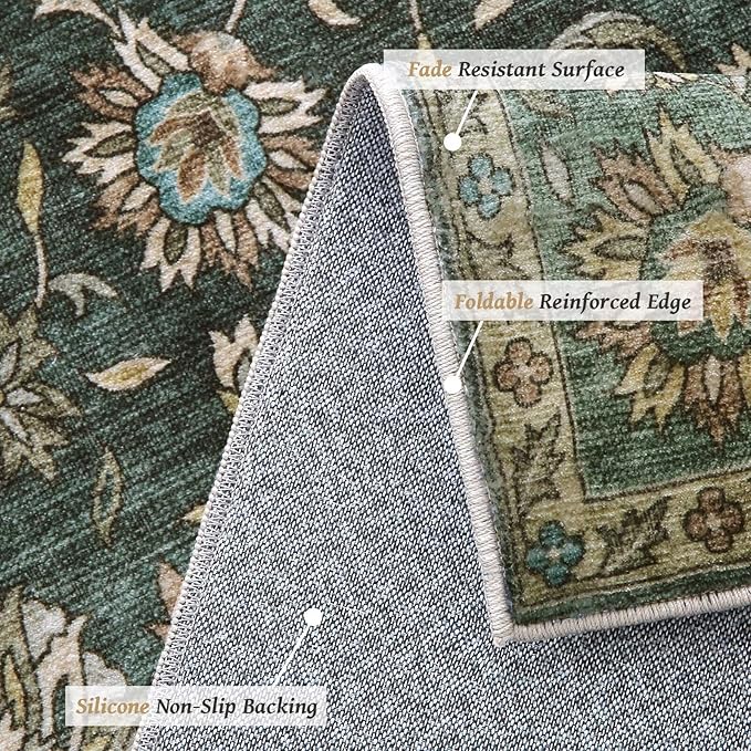 Washable 6x9 Area Rugs for Living Room, BoHo Non-slip Silicone Backing Large Rugs for Bedroom Dining Room Nursery Office, 0.3" Neutral Oriental Throw Carpet with 0.16" Cushioning Pad, Sage Green/Multi