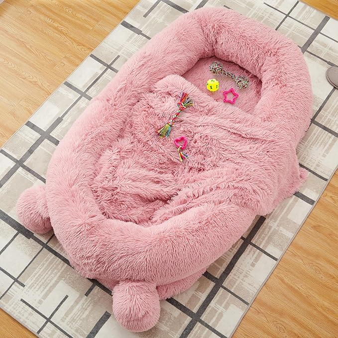 GarveeHome Human Sized Dog Bed, 71" x 45" x 12" Large Dog Bed with 2 Storage Pockets, Fluffy Faux Fur Orthopedic Pet Bean Bed for Adults & Giant Pets - Pink