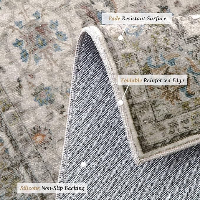 Washable 5x7 Area Rugs for Living Room, Boho Non-Slip Silicone Backing Rugs for Bedroom Dining Room Nursery Office, 0.3" Neutral Oriental Throw Carpet with 0.16" Cushioning Pad, Cream/Multi