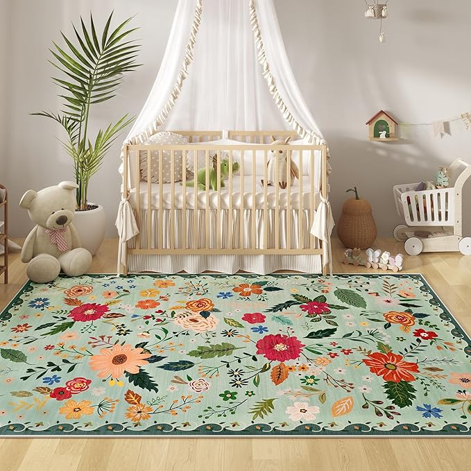 5x7 Washable Rug for Living Room, Green Floral Area Rug, Non Slip Low Pile Soft Flower Carpet, Large Rugs for Bedroom, Dining Room, Office, Kids Playroom, Nursery, Sage Green