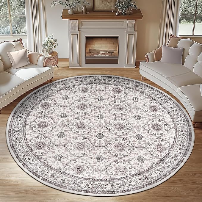 jinchan Round Rug 7ft Washable Circle Soft Rug - Low Pile Vintage 7'Round Indoor Beige Floral Print Stain Resistant Boho Carpet Ultra-Thin Non-Slip for Living Room Bedroom Dining Room Kitchen