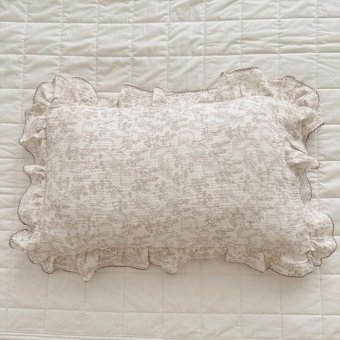 BuLuTu Muslin Cotton Pillowcase King Pillow Cover for Kids Adults Cute Rabbits Flower Pattern Pillowcases with Envelope Closure, 20x36 inch, 1 Piece, Forest, Machine Washable