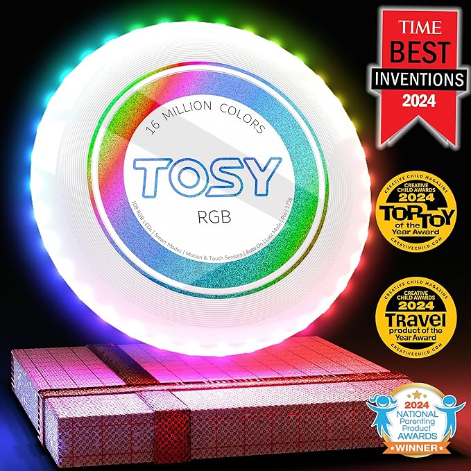 TOSY Flying Disc - 16 Million Colors RGB or 36 LEDs, Extremely Bright, Smart Modes, Camping Essentials for Teens/Kids/Adults/Men/Boys/Girls, Auto Light Up, Rechargeable, Waterproof, 175g