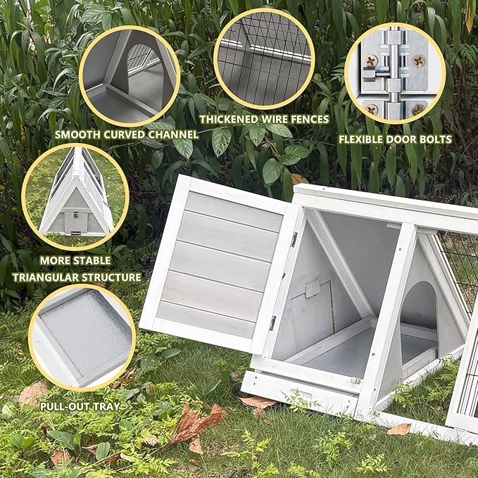 Small Chicken Coop, Wooden Chicken Coop for 2 Chickens Outdoor A-Frame Quail Coop Bunny Cage with 3 Doors,Pull-Out-Tray&Ventilating Wire Fence for Small Animals(Grey)