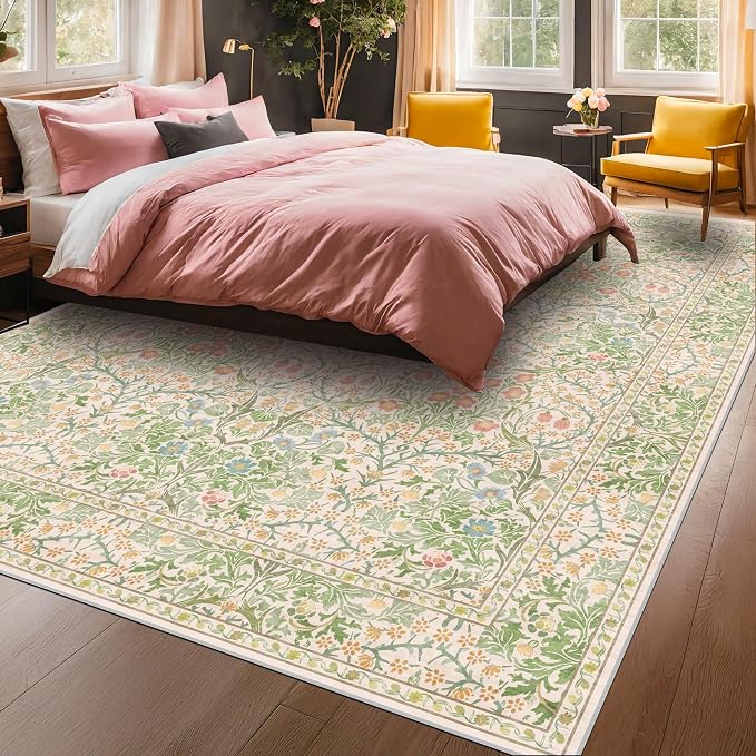 Vintage Washable Beige Green 10x14 Rug