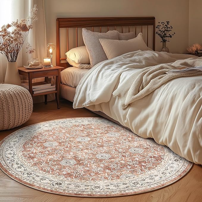 jinchan Round Rug 5ft Washable Circle Soft Rug - Low Pile Vintage 5'Round Indoor Orange Floral Print Stain Resistant Boho Carpet Ultra-Thin Non-Slip for Entryway Nursery Bedroom Dining Room Kitchen