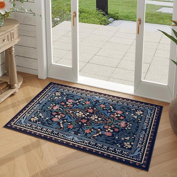 Door Mat Indoor Entrance 2x3 Rug Machine Washable Vintage Floral Botanical Small Area Rug Non-Slip Low Pile Throw Rugs for Entryway, Kitchen, Front Door Entrance, Entry, Kids Room, Blue