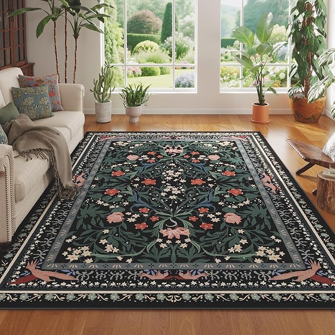 Area Rugs 8x10 for Living Room Clearance Washable Vintage Floral Botanical Rug Non Slip Low Pile Large Rug for Bedroom, Farmhouse, Dining Room, Kids Playroom, Black