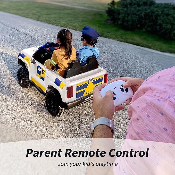 12V 7Ah Electric Police Car Ride on Toy for Big Kids, 2 Seater Kids Ride on Car SUV w/Remote Control, Bluetooth - White