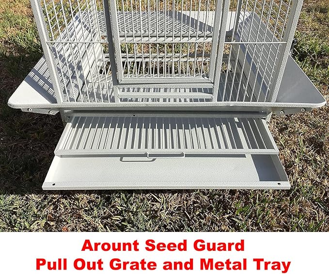 Large Double Ladders Open Play Top Wrought Iron Bird Parrot Parakeet Finch Macaw Cockatoo Cage, Include Seed Guard and Toy Hook (30.5''L x 29.5''W x 65''H, White Vein)