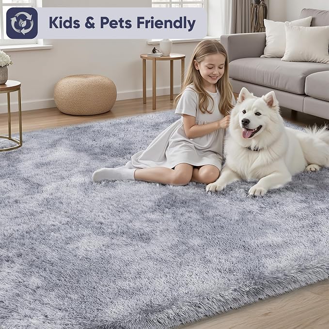 Area Rug for Living Room Bedroom: 9x12 Light Grey Soft Fluffy Shag Upgrade