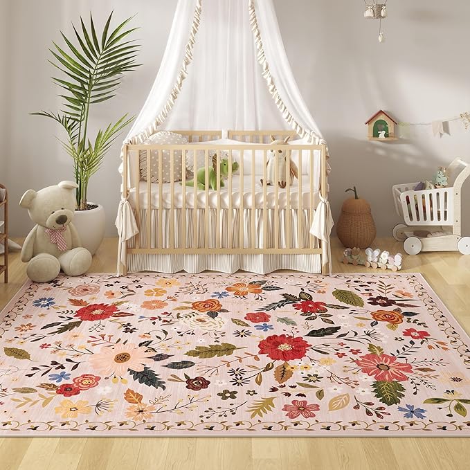 5x7 Washable Rug for Living Room, Pink Floral Area Rug, Non Slip Low Pile Soft Flower Carpet, Large Rugs for Bedroom, Dining Room, Office, Kids Playroom, Nursery, Pink/Beige