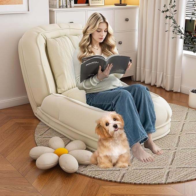 Oversized Human Dog Bed for Adult, Foldable Giant Human Pet Bed with 2 Soft Pillows, Large Sized Dog Sofa with 5 Adjustable Position for Humans, Metal Frame & Corduroy (White)