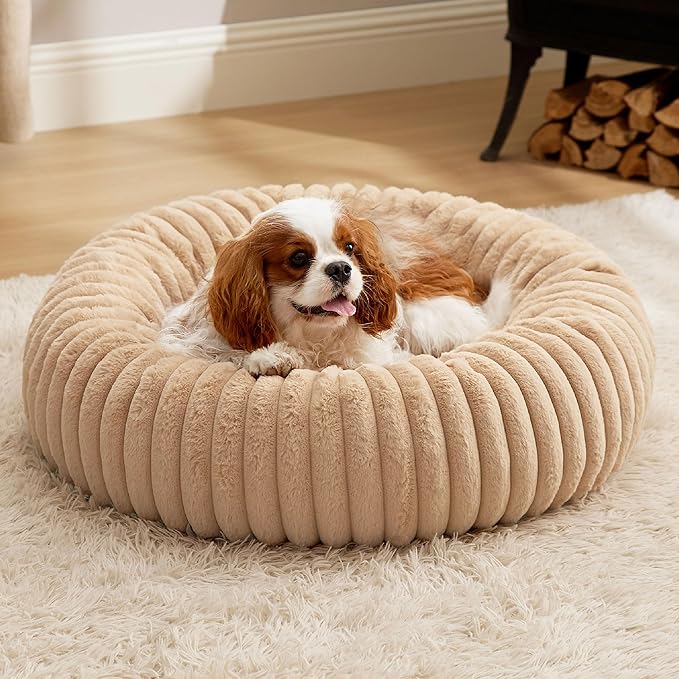 Bedsure Donut Medium Dog Bed 30x30x8 inches with Waterproof Dog Blankets for Medium Dogs 30"x40", Tuscan Beige