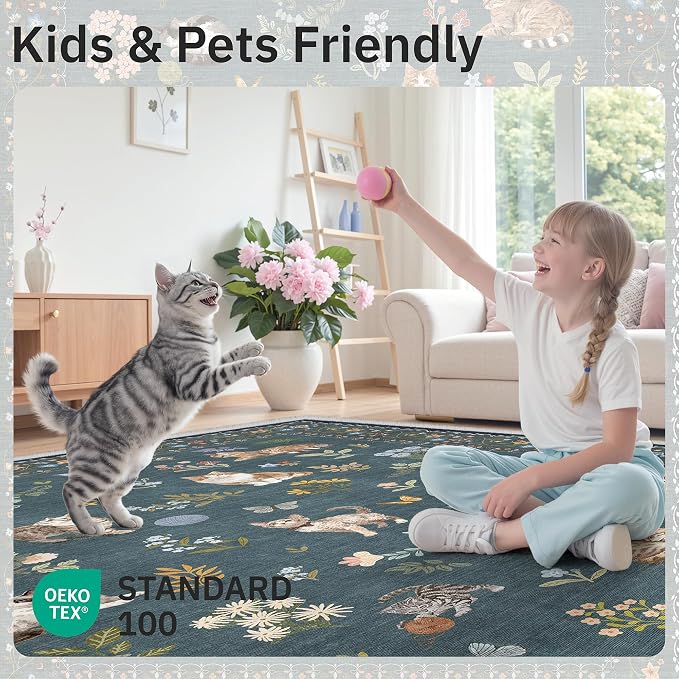 Soalmost Cat 3x5 Area Rugs for Entryway, Machine Washable Animal Floral Accent