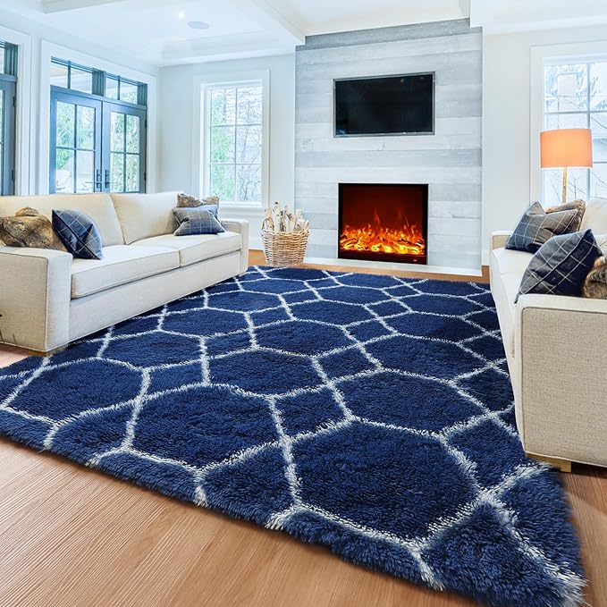 ONASAR Large 8x10 Area Rugs for Living Room, Fluffy Geometric Navy and White Rug for Boys Bedroom Home Decor Aesthetic, Soft Shaggy Plush Floor Carpet for Girls Teen Nursery Playroom Office Dorm