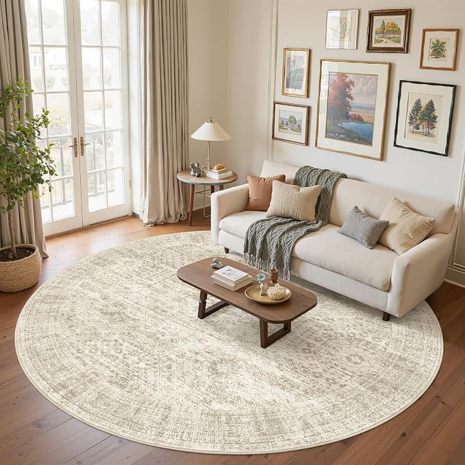 Soalmost 8x8 Beige Round Rug 8ft Living Room Circle Rug Vintage Round Area Rug