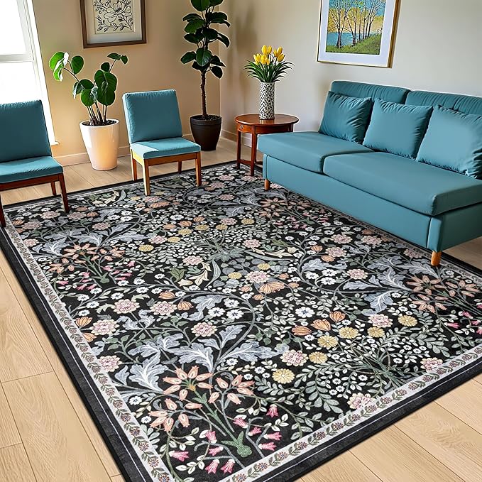10x12 Area Rugs for Living Room: Floral Washable Rug Vintage Large Soft Boho Non-Slip Carpet Indoor Stain Resistant Low Pile Carpets for Bedroom Dining Room Farmhouse Nursery Home Office Dark Black