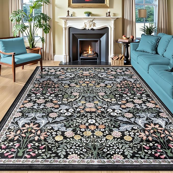 Area Rugs 9x12 Living Room: Floral Washable Rug Vintage Large Soft Boho Non-Slip Carpet Indoor Stain Resistant Low Pile Carpets for Bedroom Dining Room Farmhouse Nursery Hallway Home Office Dark Black