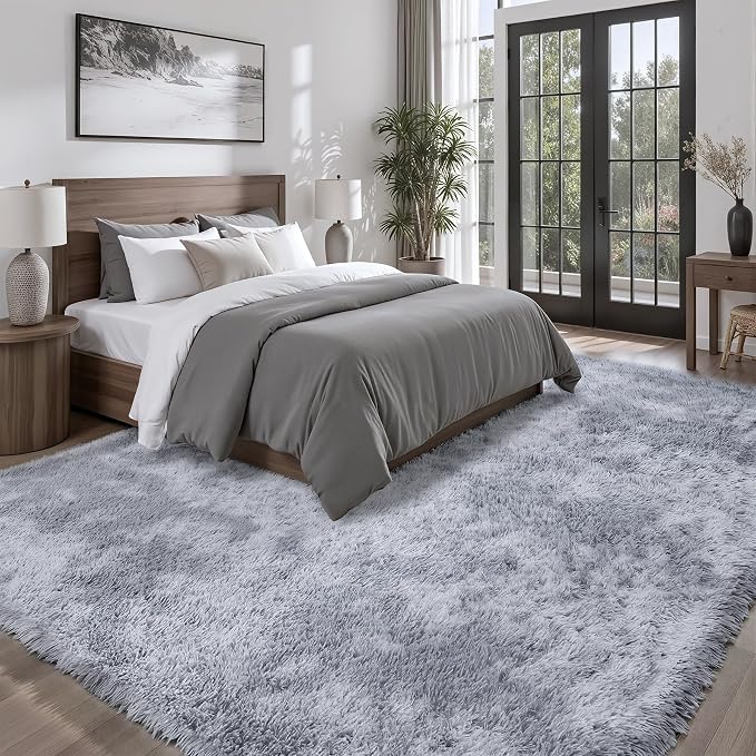 Area Rug for Living Room Bedroom: 9x12 Light Grey Soft Fluffy Shag Upgrade