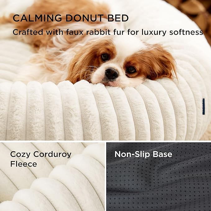 Bedsure Donut Large Dog Bed 36x36x8 inches with Waterproof Dog Blankets for Medium Dogs 30"x40", Cream