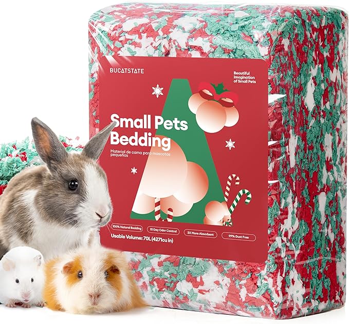 BUCATSTATE Hamster Bedding 70L, 99% Dust-Free Guinea Pig Bedding Odor Control Paper Bedding, Cozy Small Animal Bedding for Rabbit Rat Syrian Dwarf Hamsters Gerbils (Christmas Décor)