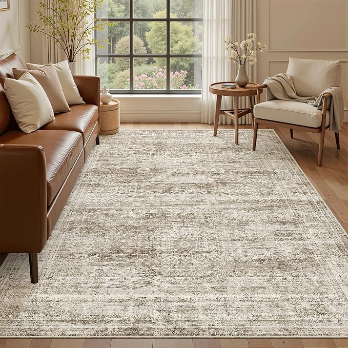 Soalmost 5x8 Area Rugs Brown Low Pile Indoor Washable Trendy Faded Style Rugs