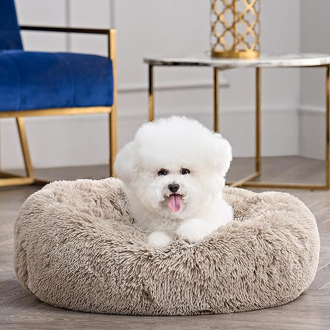 Juicy Couture Devon Faux Fur Small Taupe Round Pet Bed for Dogs and Cats