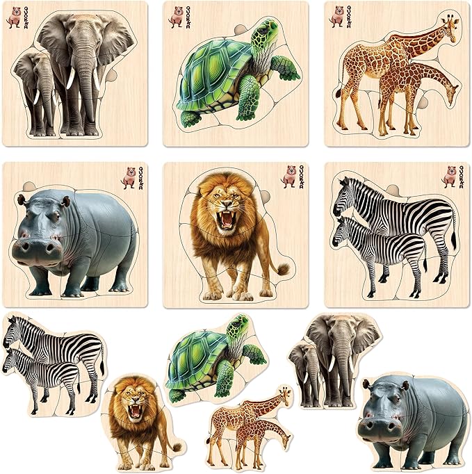 QUOKKA Realistic Wooden Puzzles for Toddlers 1-3 Year Old - 5,9 x5,9 Inches Kids Puzzles Ages 2-4 - Safari Montessori Toddler Toys - Motor Skills Games Gifts for Boys and Girls