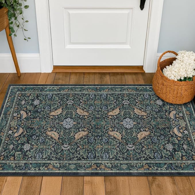 Washable Floral Small 2x3 Dark Blue Entryway Rugs Indoor, Botanical Bird
