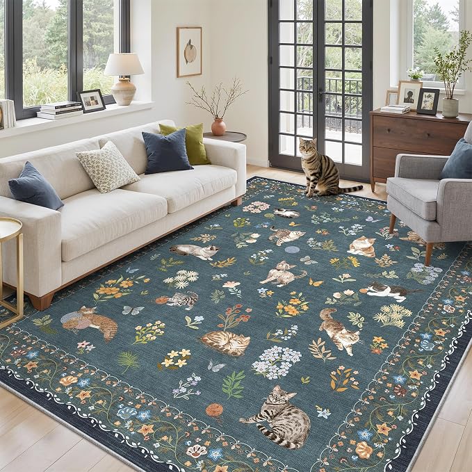 Soalmost Cat 5x7 Area Rugs for Living Room, Machine Washable Animal Floral