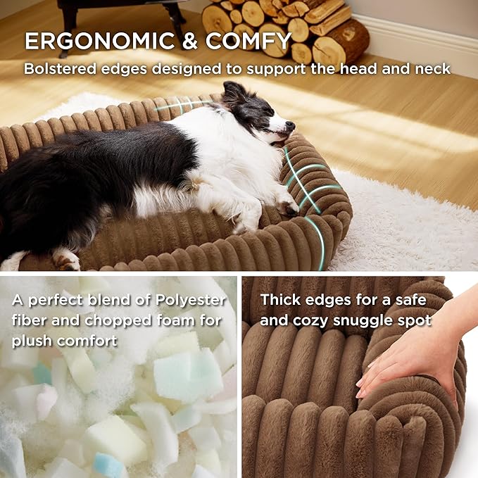 Bedsure Washable Dog Bed for Medium Dogs - Cute Furry Puppy Beds, Rectangle Orthopedic Corduroy Fleece Pet Beds with Removable Zipper Cover, 30x24x8inches, Camel Brown