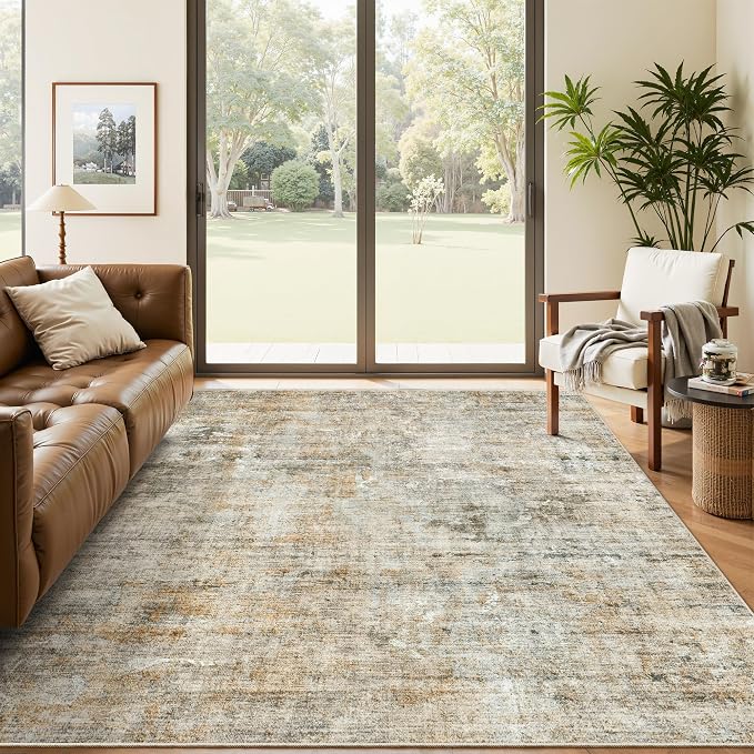 Soalmost Abstract Rug 5x7 Machine Washable Area Indoor Orange Low Pile Non-Slip