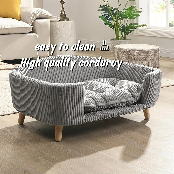 30''inch Bed Frame for Large Dogs, Modern Pet Sofa, Elevated Dog Couch Bed with Wooden Legs, Oval Small Dog Bed, Cozy Tufted Cushion Pet Furniture (Grey)