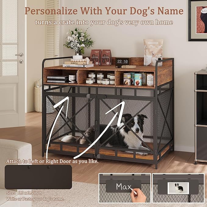 Dog Crate Furniture, 48" Heavy Duty Wooden Dog Crate End Table, XL Dog Kennel Furniture Large Breed, Decorative Dog Kenne Indoor with 3 Drawers & Steel Tubes 48" L x28 W x36 H (Rustic Brown)
