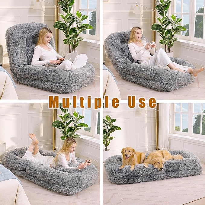 Human Dog Bed for Adult and Kids, Comfy Foldable Lazy Floor Sofa Bed with 5 Adjustable Position, Grey Upholstered Floor Bean Bag Lounger Chair for Bedroom, Living Room,Office (Gray)