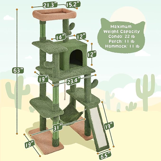 Yaheetech 63in Cactus Cat Tree, Multi-Level Tall Climbing Tower with Sisal-Covered Scratching Posts & Condo & Hammock, Pet Furniture Activity Center for Kitten