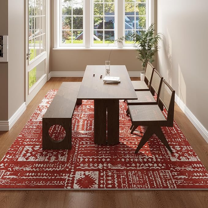 Living Room Rug 6x9 Rug Machine Washable Boho Area Rug Non Slip Moroccan Vintage Low Pile Large Rug for Living Room, Bedroom, Farmhouse, Dining Room, Kids Playroom(Terracotta)