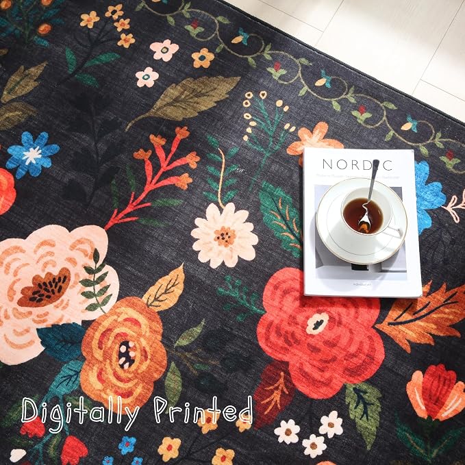 Rugcomf Area Rug 4x6 Rug Washable Boho Rugs Non Slip Low Pile Floral Small