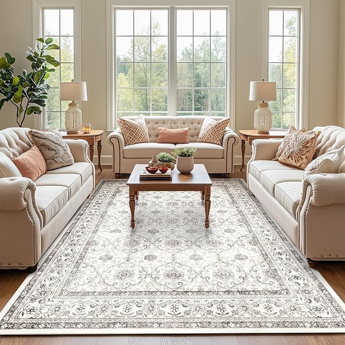 jinchan Floral 6x9 Area Rugs for Living Room - Machine Washable Vintage Distressed Boho Design Throw Rug Stain Resistant Carpet Low-Pile Thin Non-Slip for Bedroom Dining Room Nursery (6‘x9',Beige)