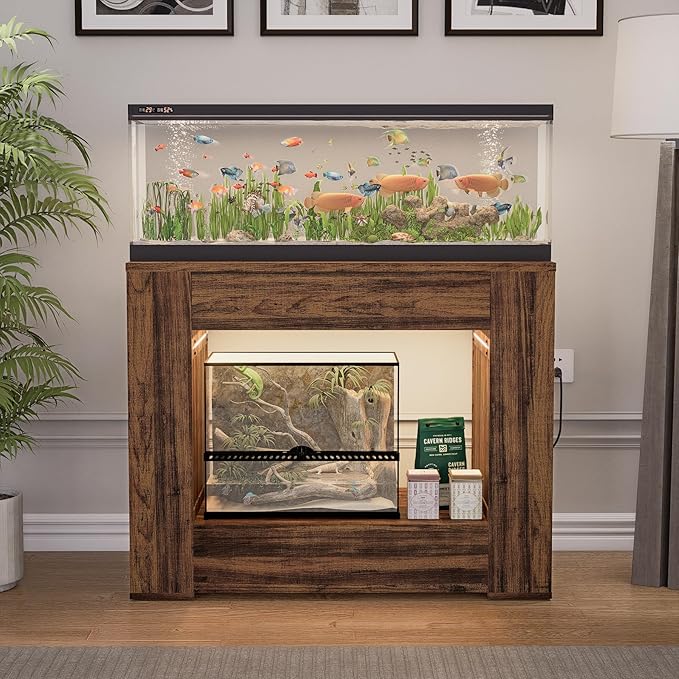 40-50 Gallon Aquarium Stand with Power Outlet,Led Light,Large Storage Drawer,Heavy Duty fish tank Stand for Turtle Tank, Turtle Reptile,Amphibians Terrarium,Rustic Brown