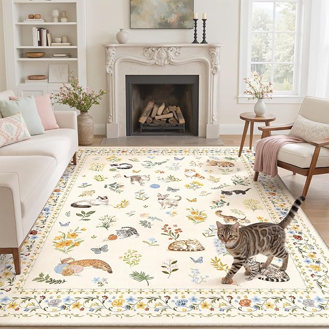 Soalmost Cat 6x9 Area Rugs for Living Room, Machine Washable Animal Floral