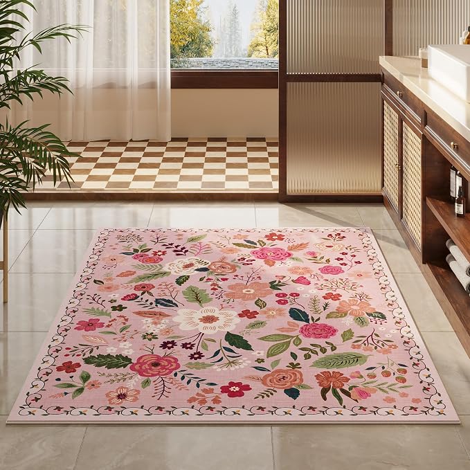 Rugcomf Bedroom Rug 3x5 Rug Washable Area Rug Non Slip Low Pile Boho Floral