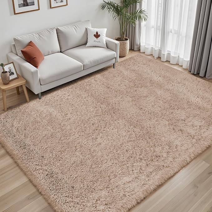 Area Rug for Living Room Bedroom: 6x9 Camel Soft Fluffy Shag Upgrade Non-Slip