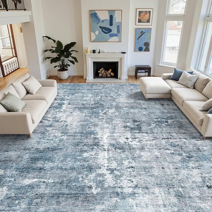 Soalmost 12x15 Washable Area Rug Blue/Grey Neutral Abstract Living Room Large