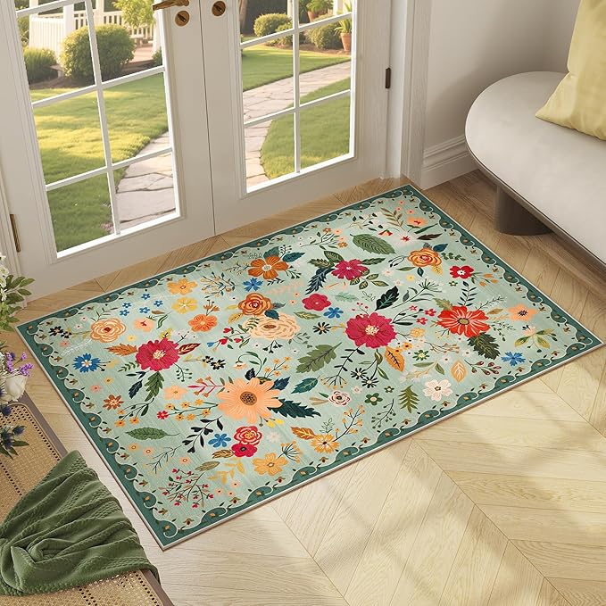 2x3 Washable Rug for Entryway, Floral Green Soft Small Area Rug, Non Slip Doormat Indoor Entrance Carpet, Flower Low Pile Front Door Throw Rug for Bedroom, Kitchen, Laundry, Bathroom, Sage Green