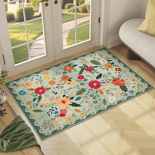 2x3 Washable Rug for Entryway, Floral Green Soft Small Area Rug, Non Slip Doormat Indoor Entrance Carpet, Flower Low Pile Front Door Throw Rug for Bedroom, Kitchen, Laundry, Bathroom, Sage Green