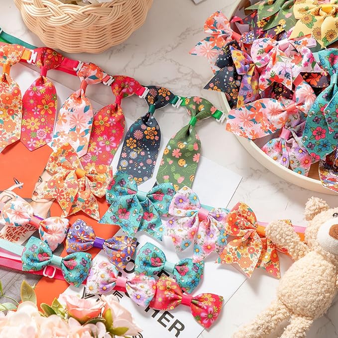 Reginary 100 Pieces Dog Bow Tie Collar Set Include 40 Dog Neckties, and 30 Puppy Bowties, 30 Collar Flowers, Adjustable Pet Ties Grooming for Small Medium Cats Pets Supply(Flower)