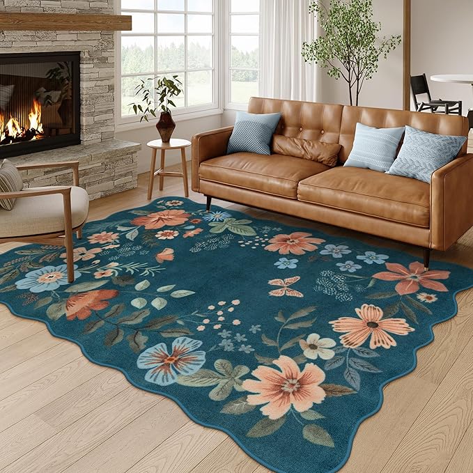 Lahome Floral Washable Area Rug, Ultra-Thin Soft Non-Slip Stain Resistant