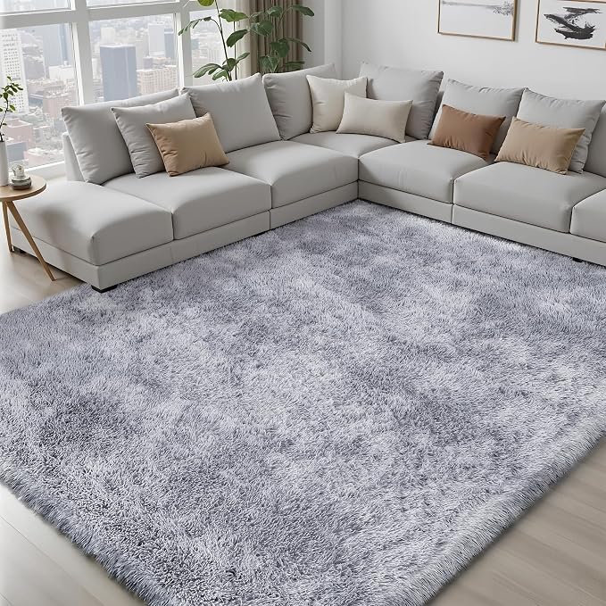 Area Rug for Living Room Bedroom: 9x12 Light Grey Soft Fluffy Shag Upgrade